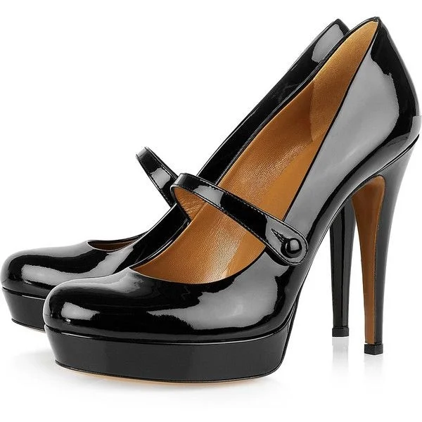 Black Patent Leather Mary Jane Pumps Round Toe Platform Heels |FSJ Shoes