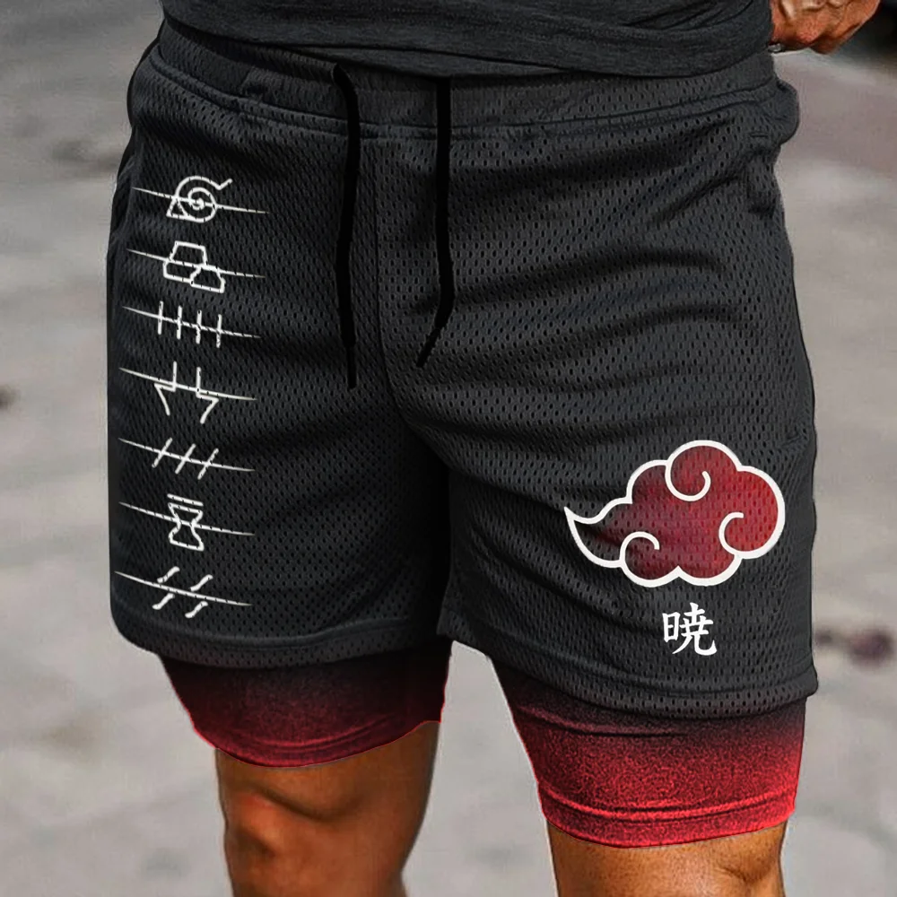 Men's Anime Naruto Print Sports Double Layer Shorts、、URBENIE