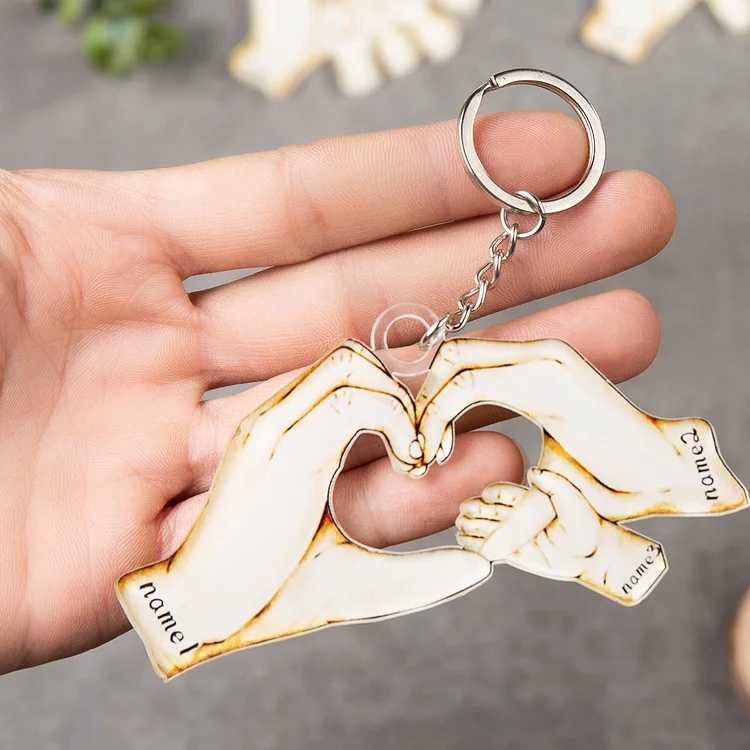 Custom Family Keychain Engrave 3 Names Holding Hands Keychain
