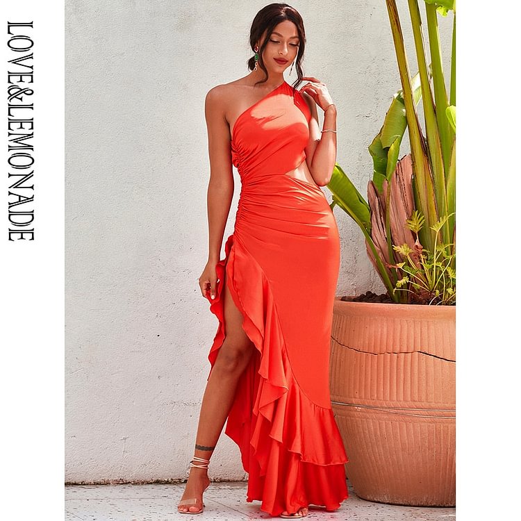 Sexy Red Off-Shoulder Cut-Out Split Ruffled Reflective Satin Party Maxi Dress LM82202-A - BlackFridayBuys