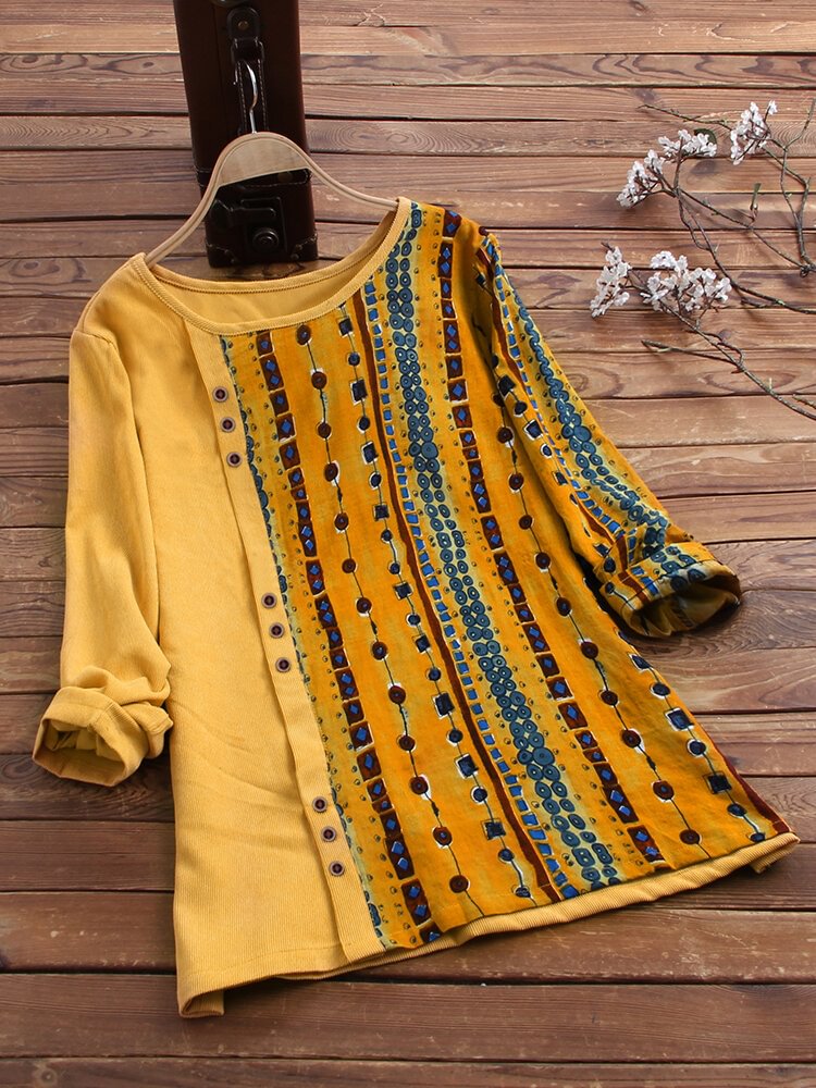Vintage Corduroy Ethnic Print Patchwork Long Sleeve Blouse P1608213