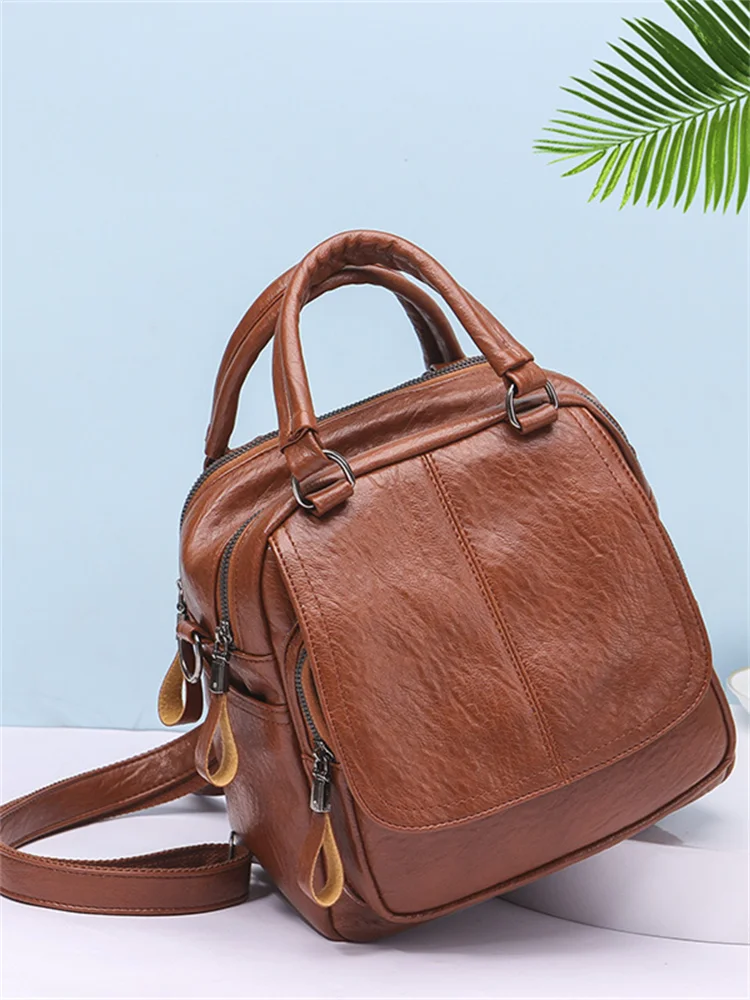 Soft Leather Utility Backpack Crossbody Bag