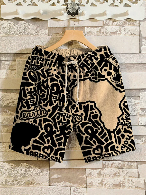Men's Black Pride African Print Casual Linen Blend Shorts