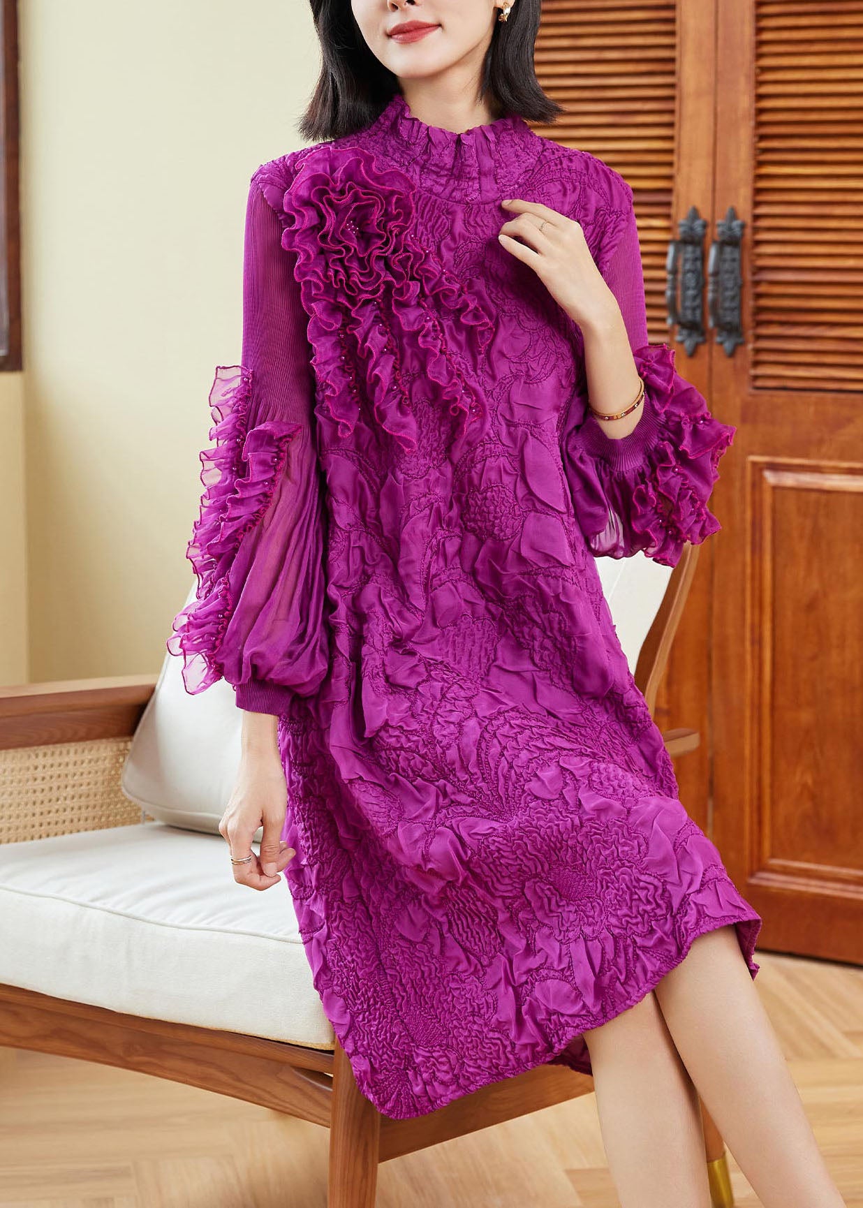 TrendAura Oversized Purple Patchwork Maxi Dress With Lantern Sleeves And Pom Pom Details For Women main image 0