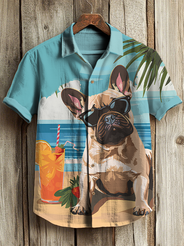 Men's Vacation Style Pug Dog Print Short Sleeve Shirt