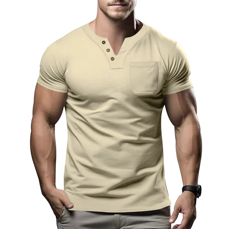 Casual Slim Solid Color V-Neck Pocket Men's Half-Sleeve T-Shirt