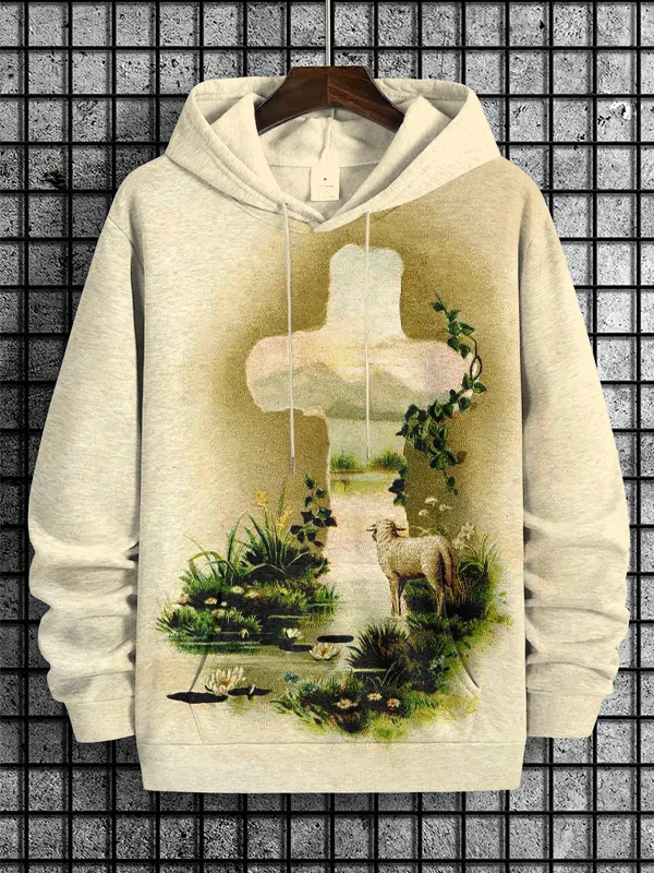 Men's Christian Cross And Lamb Art Print Casual Hoodie