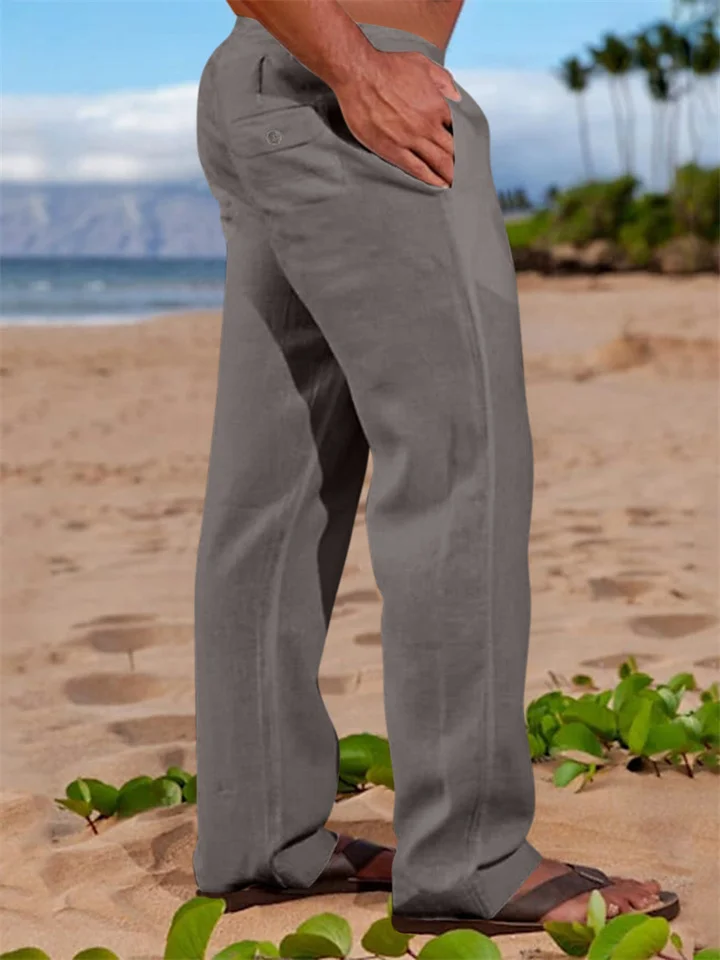 Men's Linen Pants Trousers Summer Pants Beach Pants Drawstring Elastic Waist Straight Leg Plain Comfort Outdoor Casual Daily Linen / Cotton Blend Basic Streetwear Black White-JRSEE