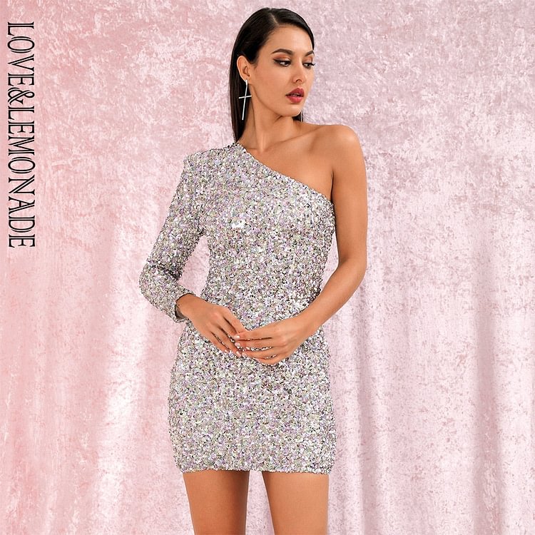 Sexy One Shoulder Bodycon Silver Colorful Sequins Party Mini Long Sleeve Dress LM82093 - BlackFridayBuys
