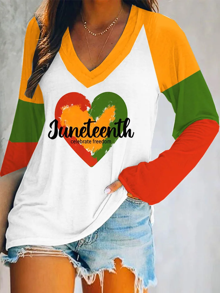 Juneteenth Freedom Day Colorblock V Neck T Shirt