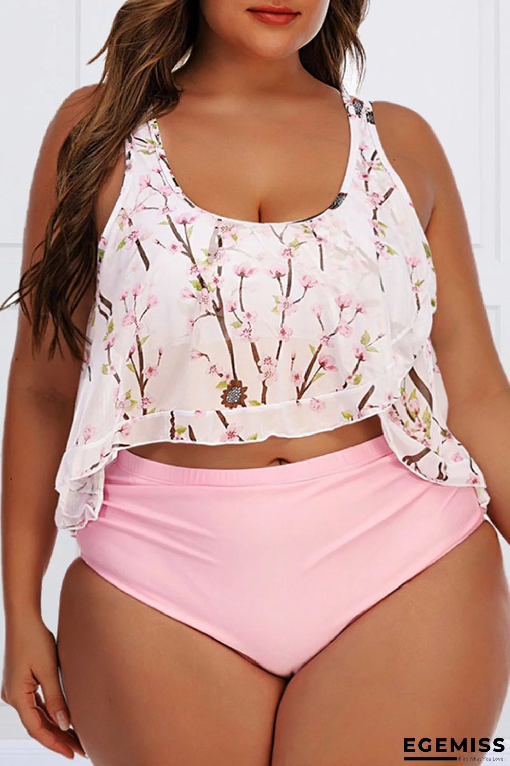 Pink Fashion Casual Print Backless U Neck Plus Size Swimwear (With Paddings) | EGEMISS