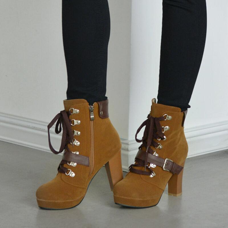 VCSHOES Platform Lace Up Suede Chunky Heel Ankle Boots