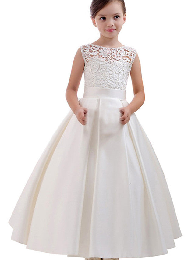 Column Cap Sleeve Jewel Neck Flower Girl Dress with Satin Pleats and Sequins