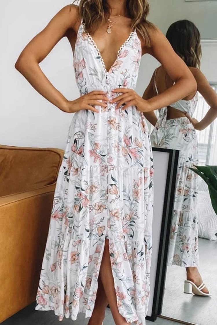 Floral V-neck Knot Back Slit Maxi Dress - BlackFridayBuys