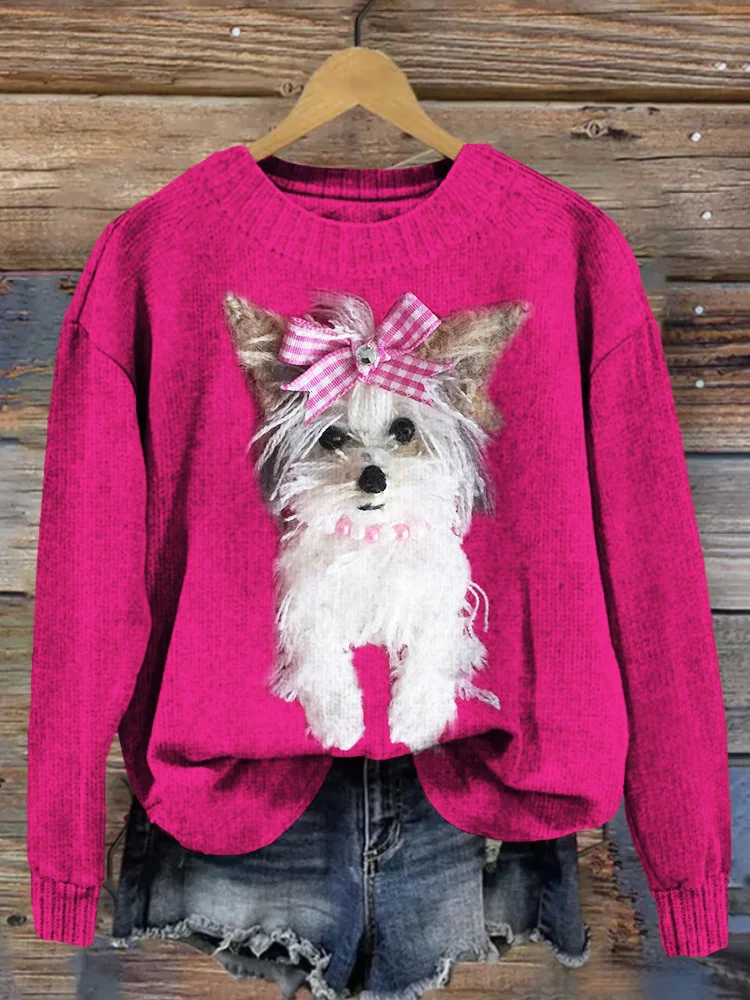 Sweet Yorkies Embroidery Art Cozy Knit Sweater
