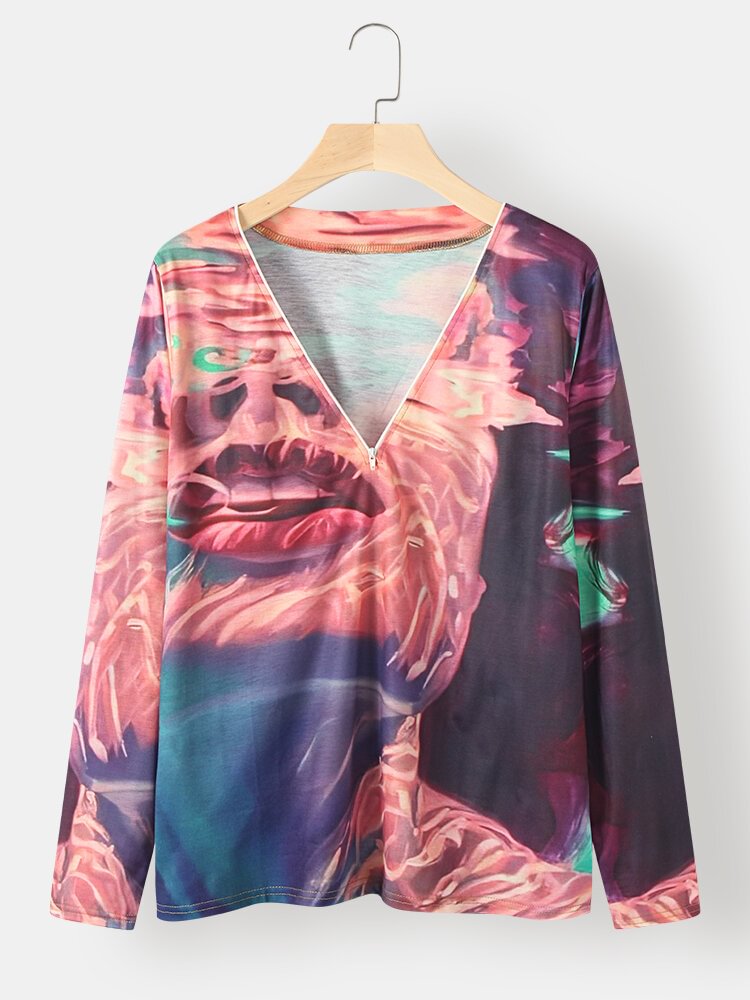 Women Print Zip Front V neck Long Sleeve Casual Shirt P1791267