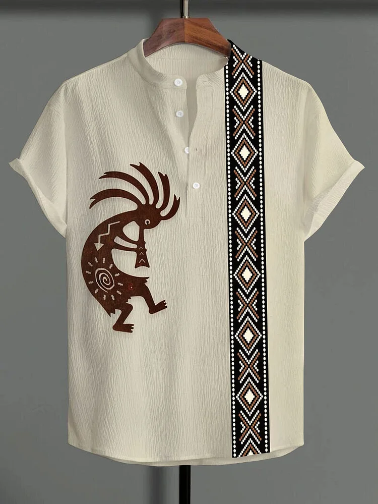 Men's African Retro Totem Geometric Pattern Linen Blend Shirt