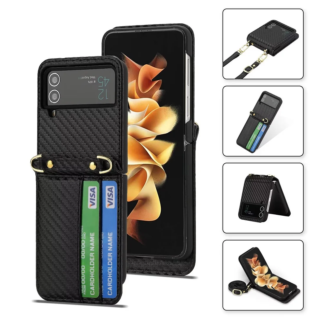 Luxury Crossbody Leather Phone Case With 2 Cards Slot,Hinge And Lanyard For Galaxy Z Flip4