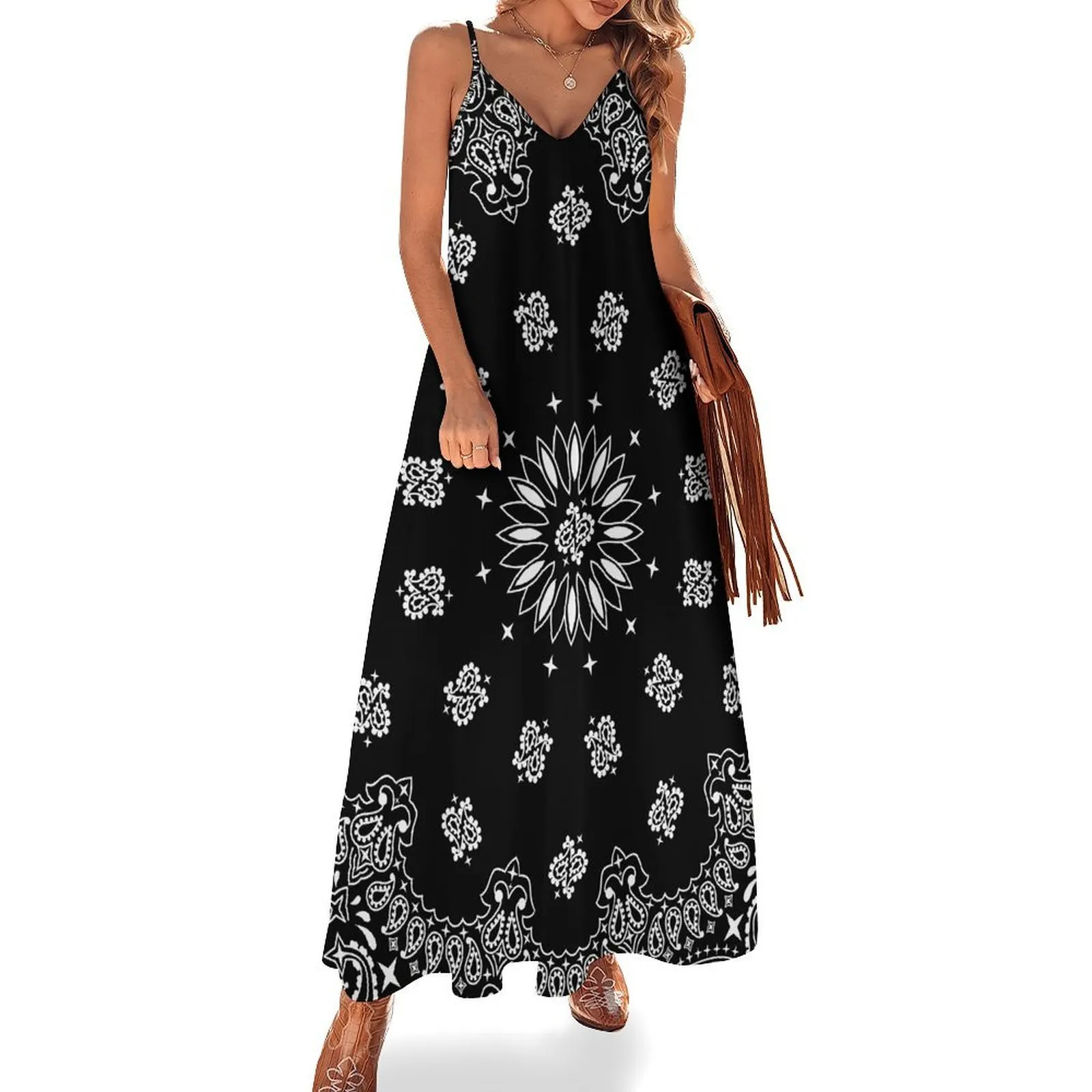 black bandana dress Boho Women's Casual Strappy V Neck Sleeveless Flowy Loose Long Maxi Beach Sundress Sequin mini