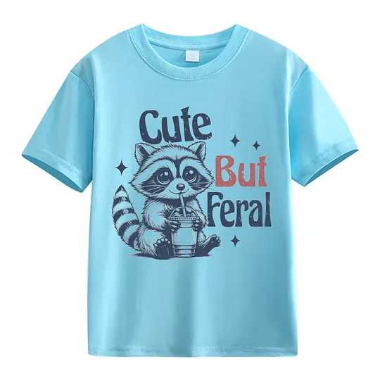 【2Y-13Y】Cute But Feral Cartoon Raccoon Print T-Shirt For Kids