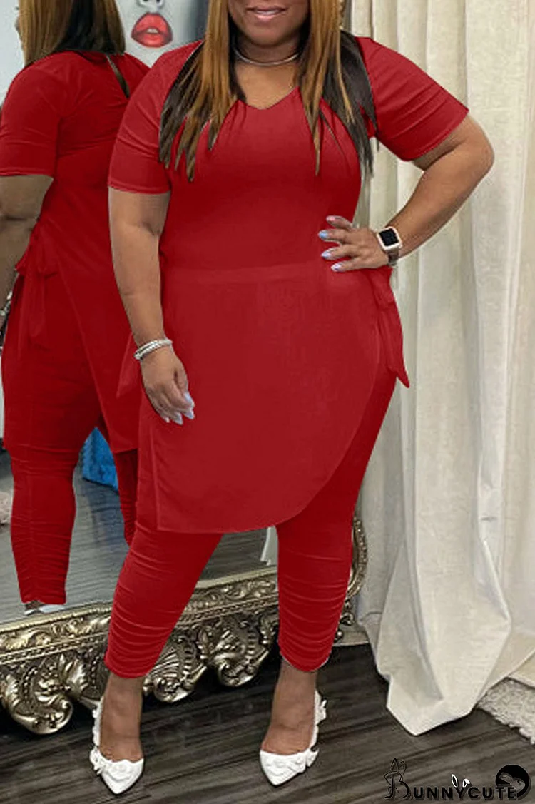 Red Fashion Casual Solid Bandage Slit Asymmetrical O Neck Plus Size Two Pieces