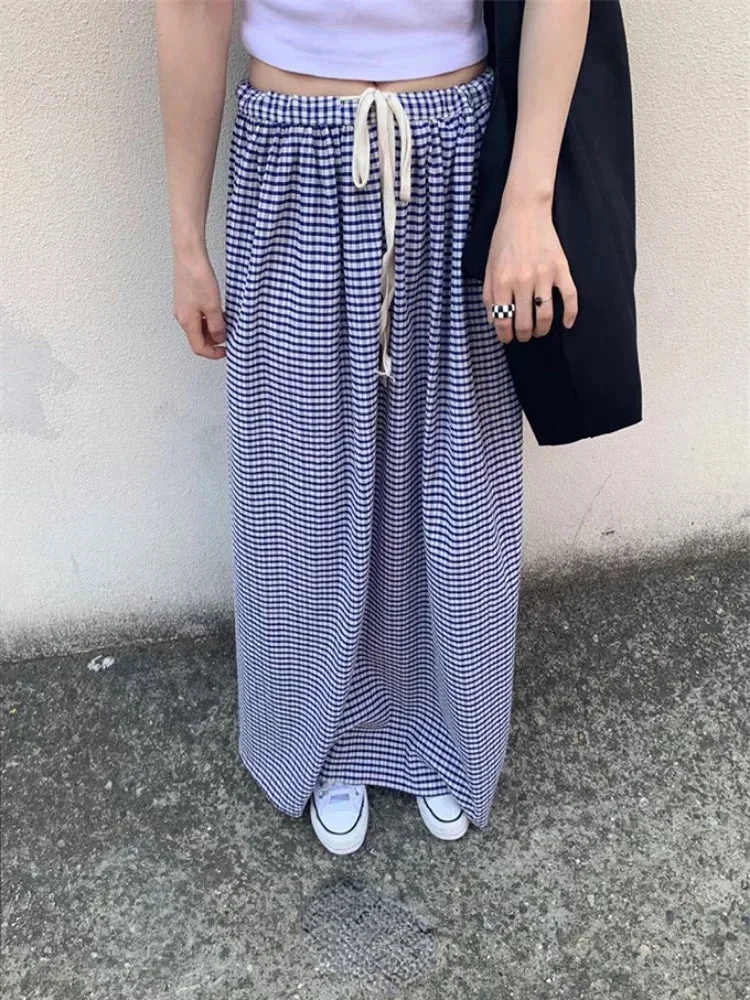 Tlbang Spring Casual Fashion Plaid Contrast Color Women Skirts Vintage Drawstring Elastic Waist Skirt Harajuku Y2k Aesthetic Falda