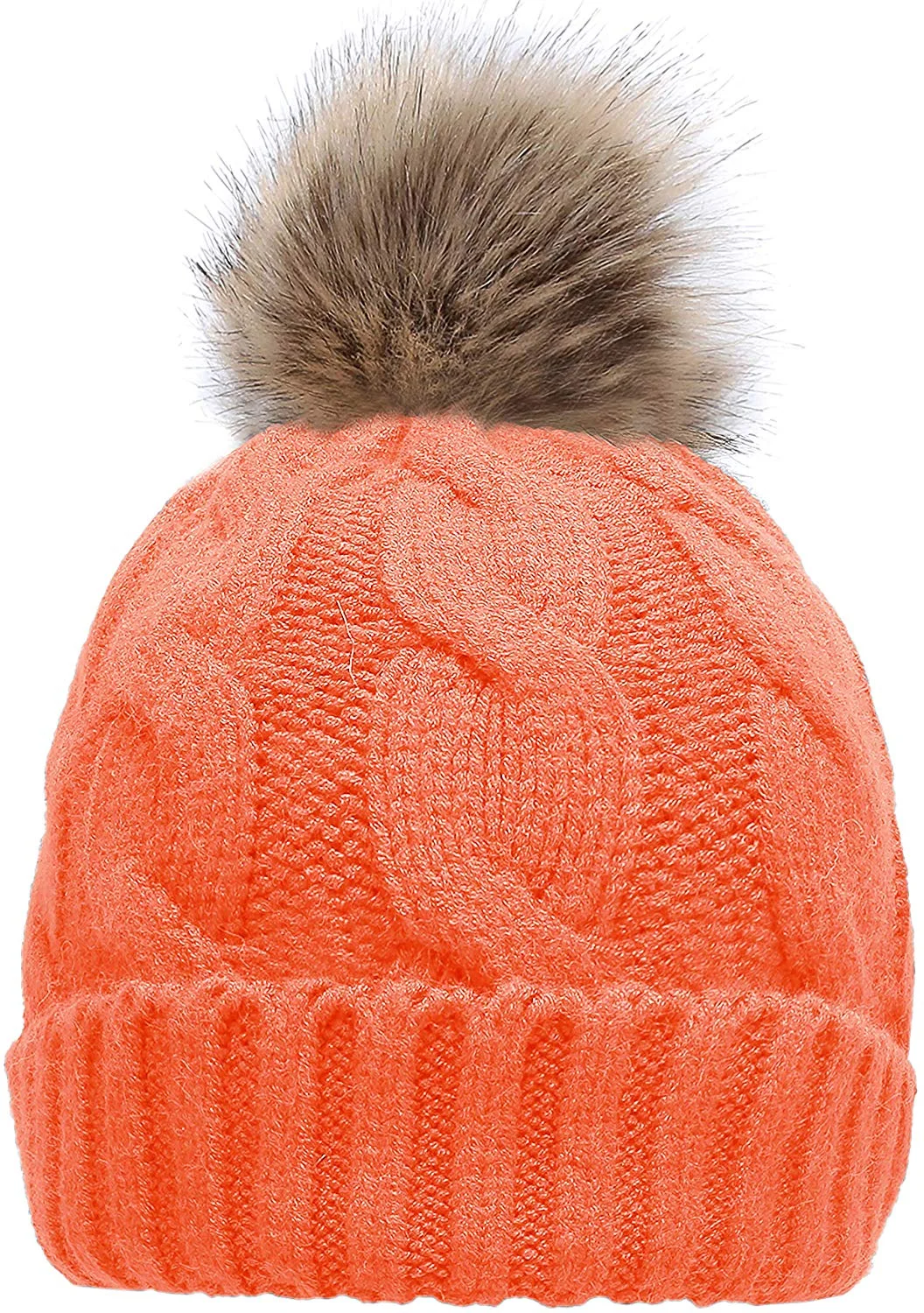 Women's Winter Ribbed Knit Faux Fur Pompoms Chunky Lined Beanie Hats