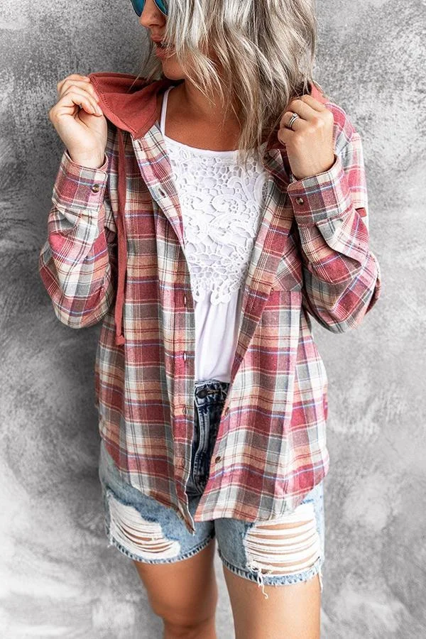 Hooded Loose-fit Women's Woolen Plaid Jacket P12364