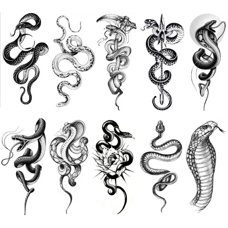 10pcs Tattoo Stickers Waterproof Snake Cool Tattoos for Men Women 68x140mm (D)