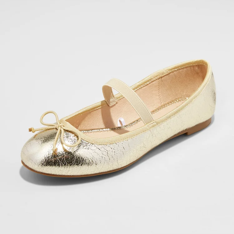 Gold Round-Toe Bow Elastic Strap Ballet Flats |FSJ Shoes
