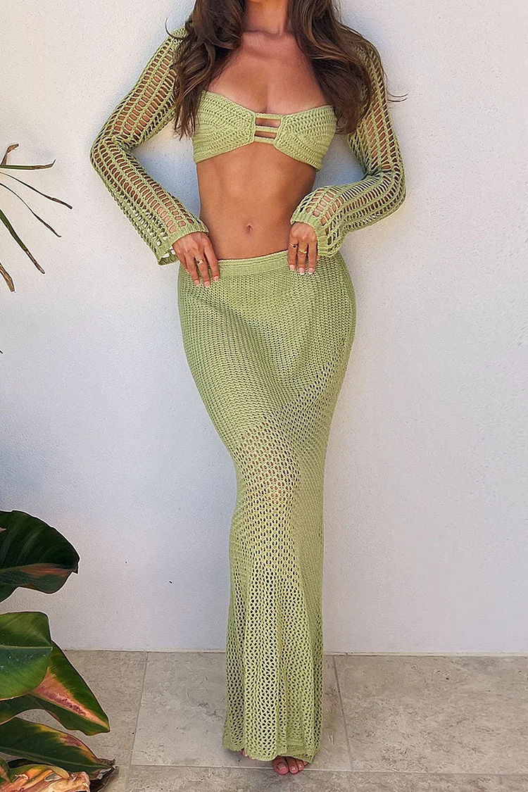Long Sleeve Backless Crop Top Maxi Skirt Hollow Out Knit Two Piece Matching Set