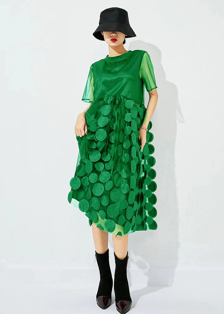 4.29Women Light Green O-Neck Patchwork Dot Tulle Holiday Dress Summer