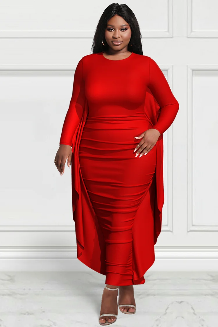 Plus Size Party Maxi Dresses Elegant Red Fall Winter Crew Neck Long Sleeve Flounce Knitted Maxi Dresses [Pre-Order]