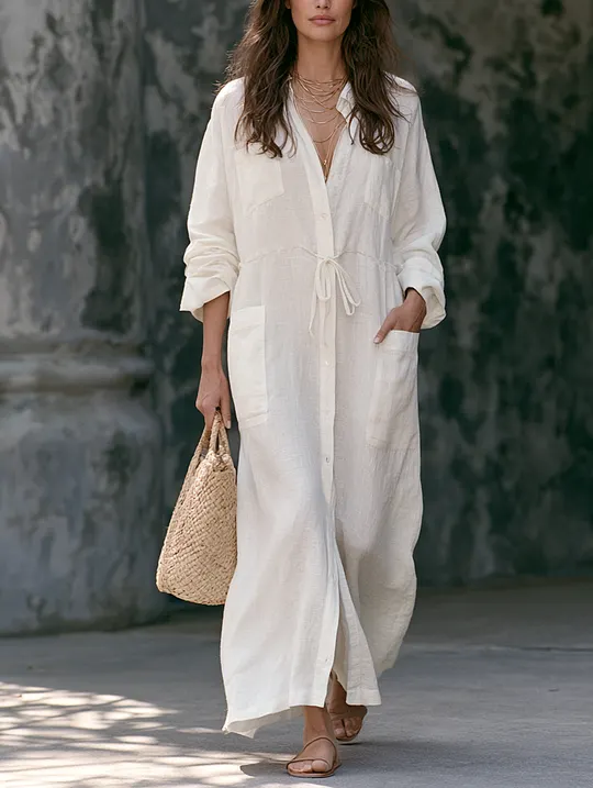 Women's Casual White Cotton-linen Long-sleeved Maxi Dress MD
