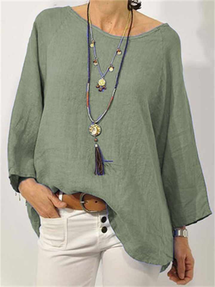 Women's Tops Solid Colour Cotton Linen Round Neck Shoulder Sleeve Nine-minute Sleeve Women's Shirt