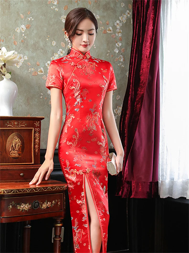Women's Casual Dress Sheath Dress Cheongsam Dress Midi Dress Black Gold Wine Short Sleeve Animal Embroidered Spring Summer Stand Collar Chinoiserie Daily Date Vacation 2022 S M L XL XXL 3XL 4XL-JRSEE