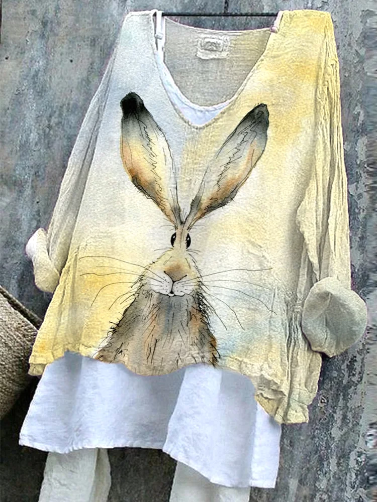 Comstylish Cute Bunny Watercolor Painting Print Linen Blend Shirt
