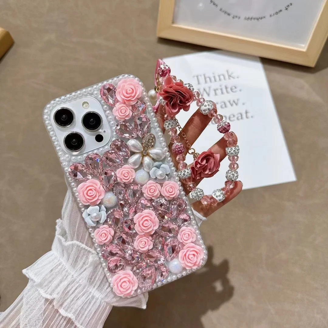 Luxury Handmade Colorful Diamond Rose Phone Case With Wrist Lanyard For IPhone 15/15 Plus/15 Pro/15 Pro Max/14/14 Plus/14 Pro/14 Pro Max/13/13 Pro/13 Pro Max