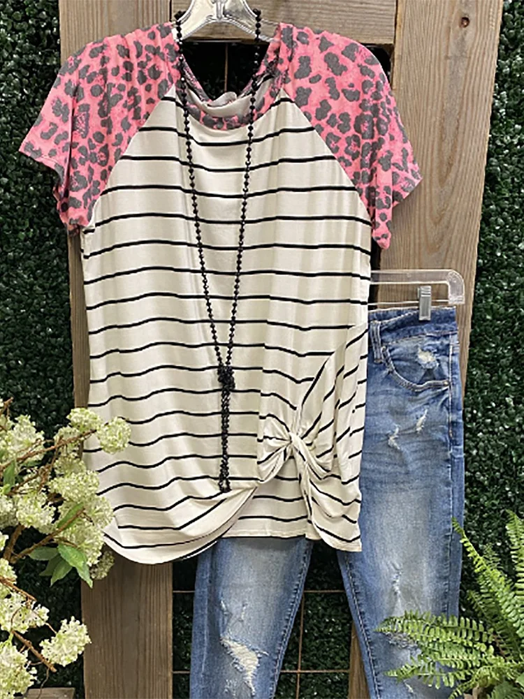 Bestdealfriday Pink Cotton Casual Leopard Crew Neck Shirts Tops 8899284