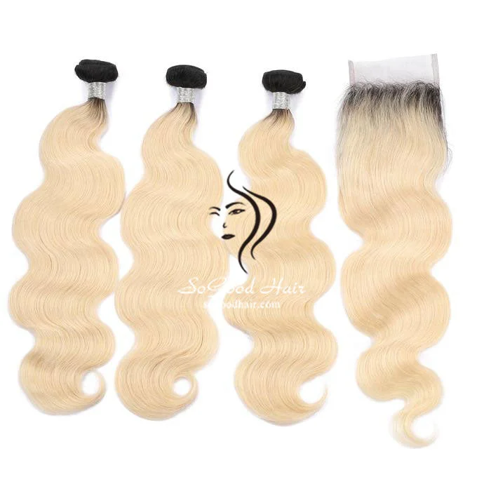 Ombre Blonde 3 Bundles Body Wave With 4x4 Lace Closure 12A+ Virgin Human Hair