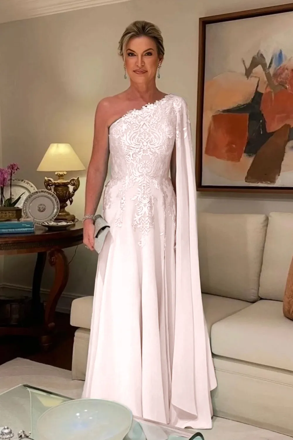 Daisda Chiffon Sleeveless One Shoulder Long A-Line Mother Of The Bride Dress With Aplliques