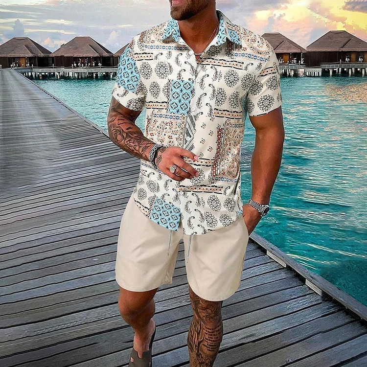 Comstylish Hawaiian Vacation Patchwork Print Shirt Short Sleeved Two Piece Set