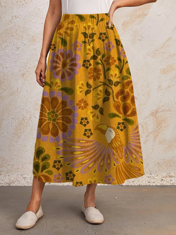 Women's Elegant Flower And Bird Pattern Art Print Skirt?