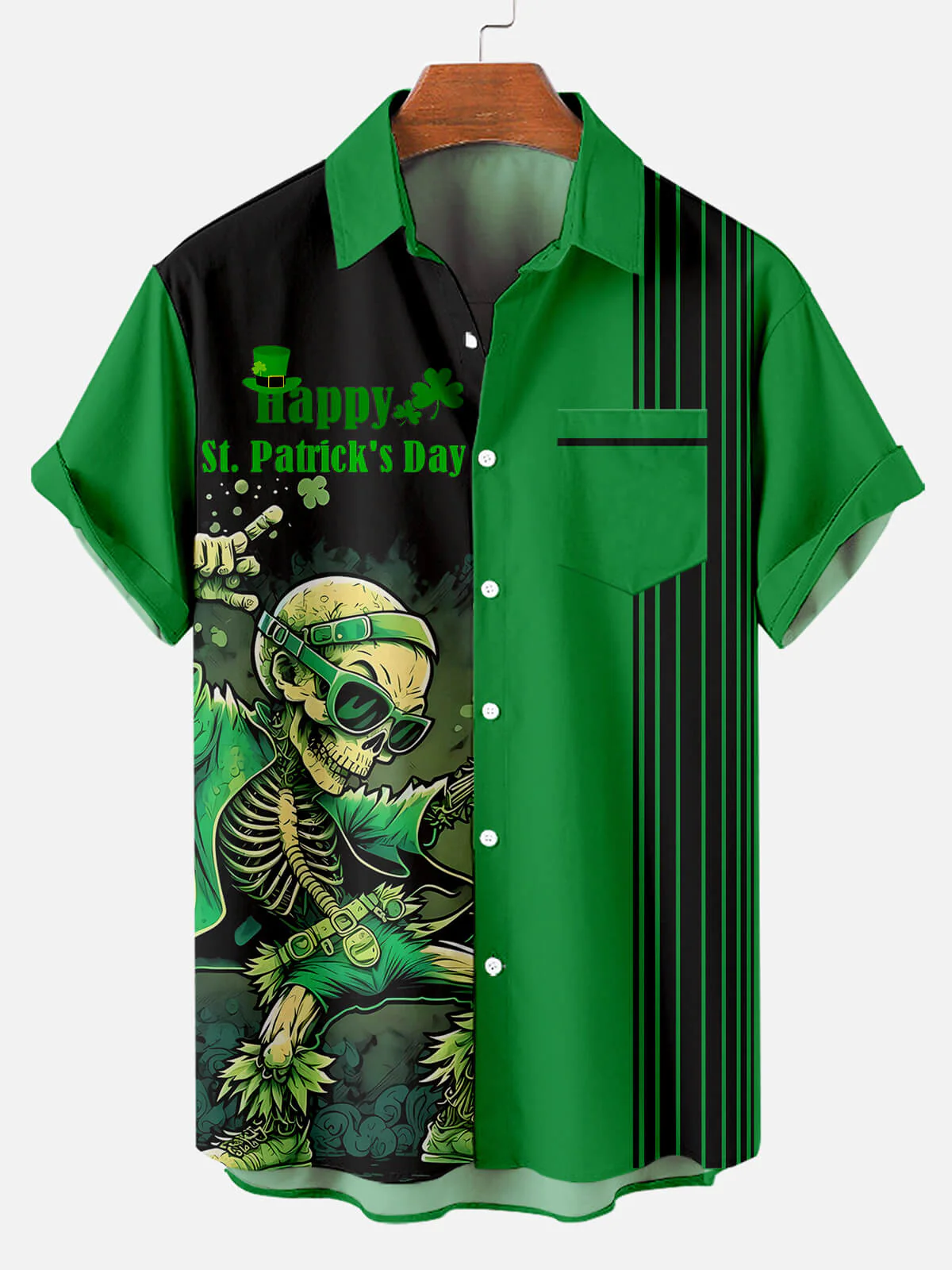 St. Patrick's Day Music Party Skull Stripe Casual Short Sleeve Shirt PLUSCLOTHESMAN