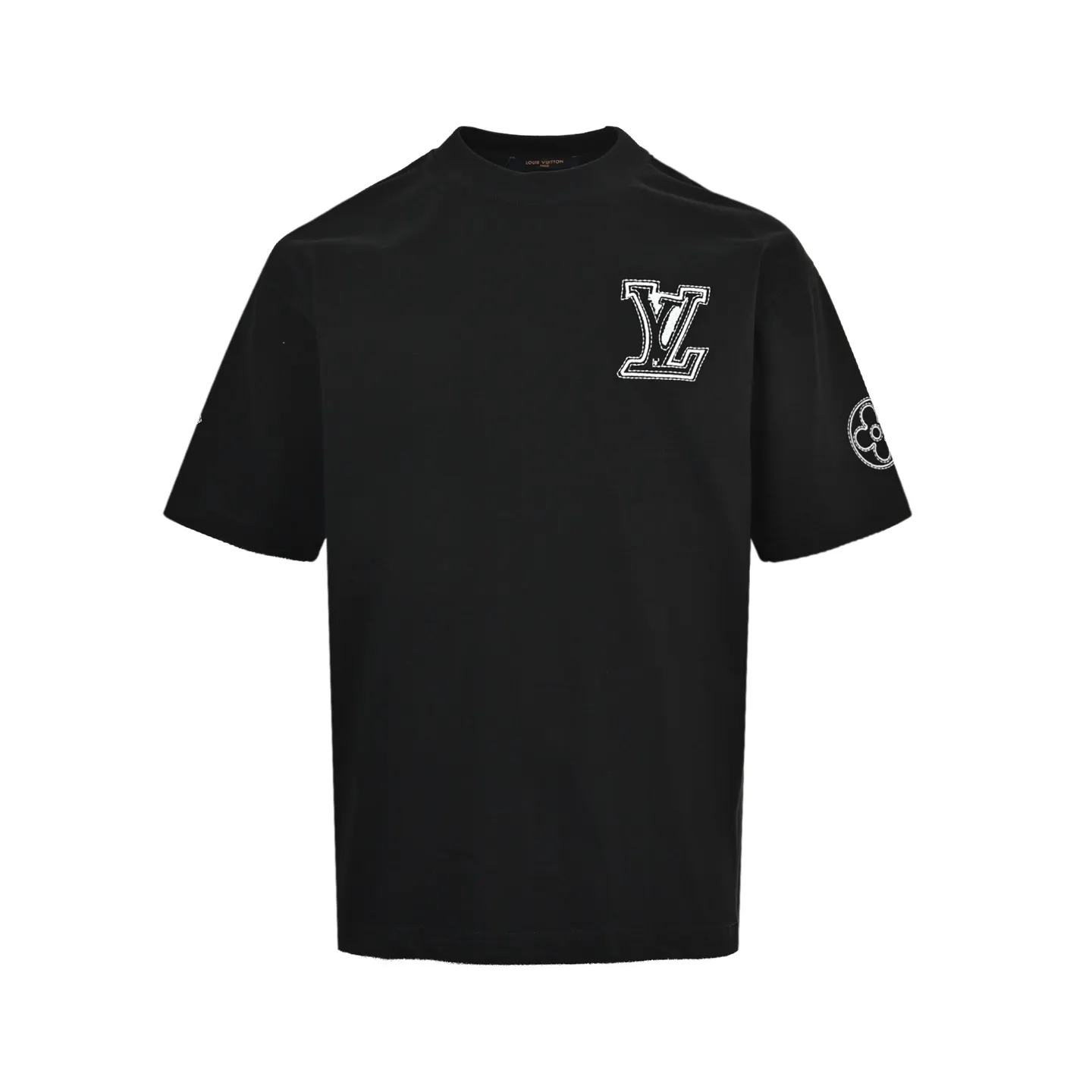 Front view of black embroidered t-shirt