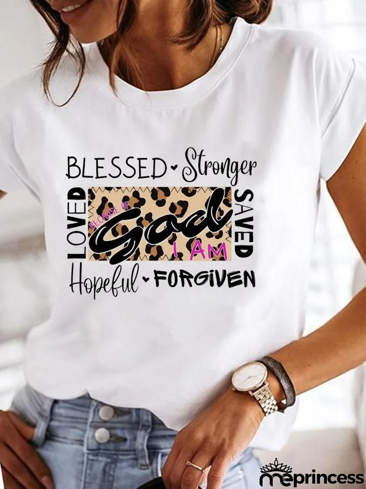 Women Fashion Base Letter Sunflower Cross Print Round Neck Short Sleeve T-Shirt