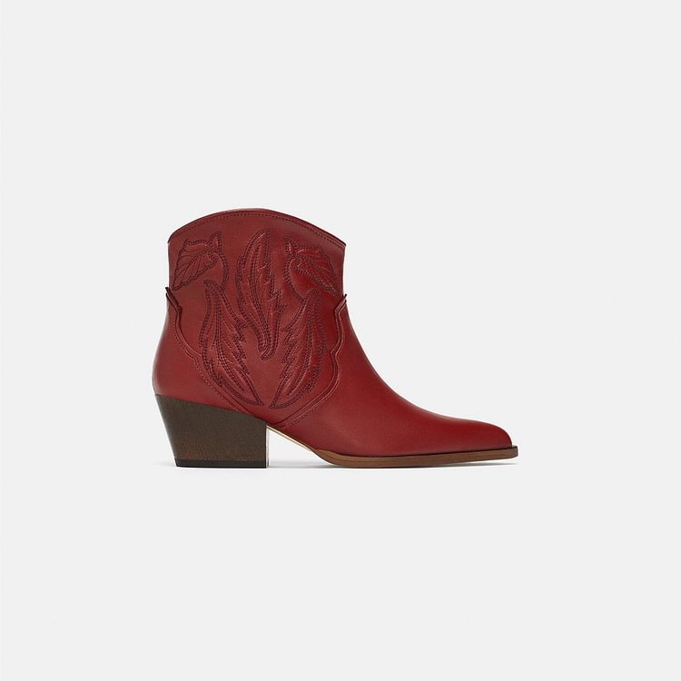 Burgundy Retro Pointy Toe Chunky Heels Ankle Booties |FSJ Shoes