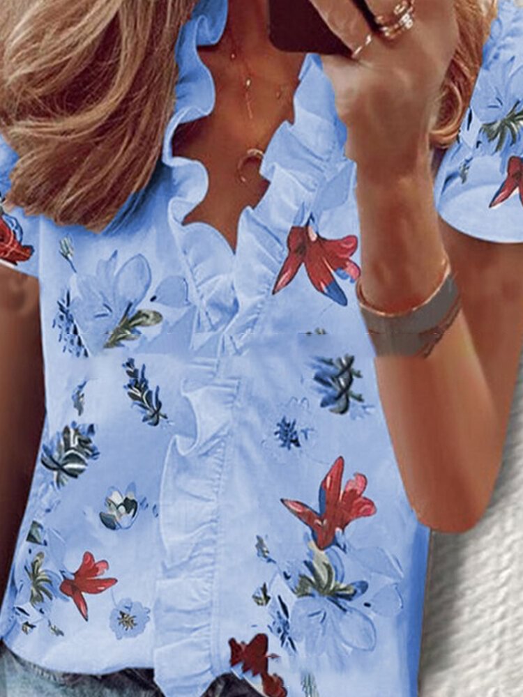 Stringy Selvedge Floral Print Short Sleeve Shirt For Women P1726497