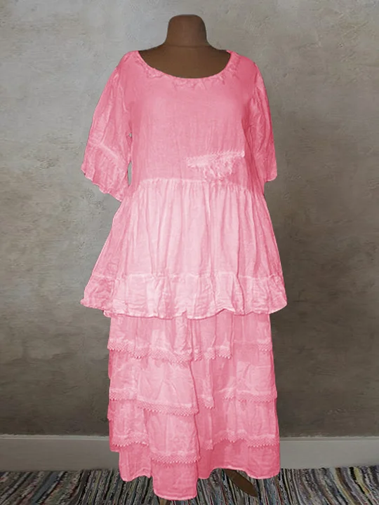 Cotton Linen Pure Color Layered Vintage Dress