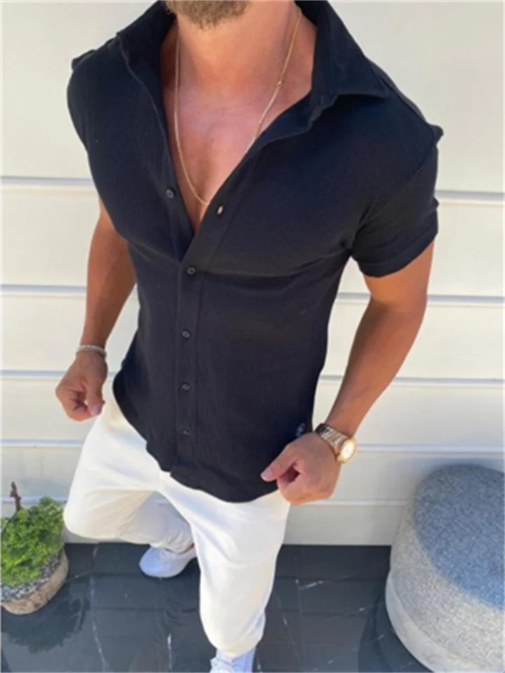 Men's Shirt Solid Color Turndown Street Casual Daily Button-Down Short Sleeve Tops Basic Comfortable Lightweight Summer Shirt Holiday Vacation Fashion Style-JRSEE